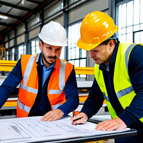 Home 6 Proactive Safety Culture**
"A diverse team of professionals collaborating on a safety inspection in a modern factory setting. They are reviewing blueprints, wearing hard hats and safety vests, and using tablets to record data. Bright, natural lighting. The atmosphere is collaborative and focused on prevention. Safe for work, appropriate content, fully clothed, professional environment, perfect anatomy, correct proportions, well-formed hands, family-friendly."
**
