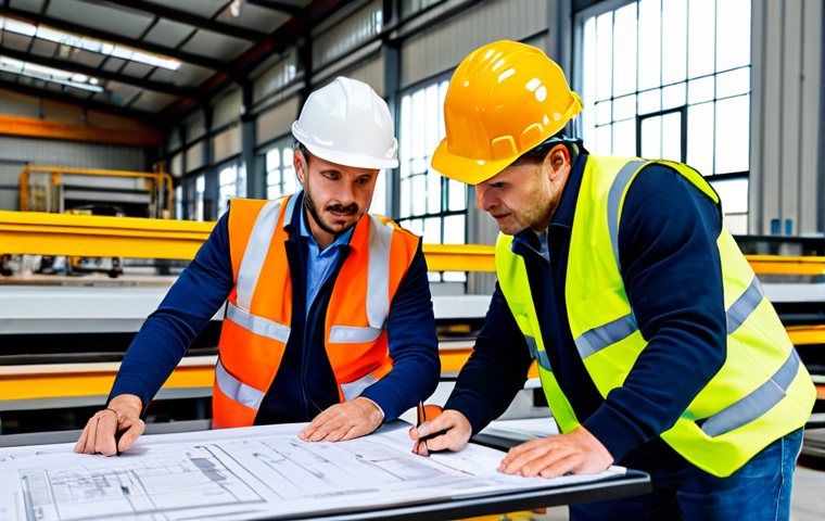 Proactive Safety Culture**
"A diverse team of professionals collaborating on a safety inspection in a modern factory setting. They are reviewing blueprints, wearing hard hats and safety vests, and using tablets to record data. Bright, natural lighting. The atmosphere is collaborative and focused on prevention. Safe for work, appropriate content, fully clothed, professional environment, perfect anatomy, correct proportions, well-formed hands, family-friendly."
**