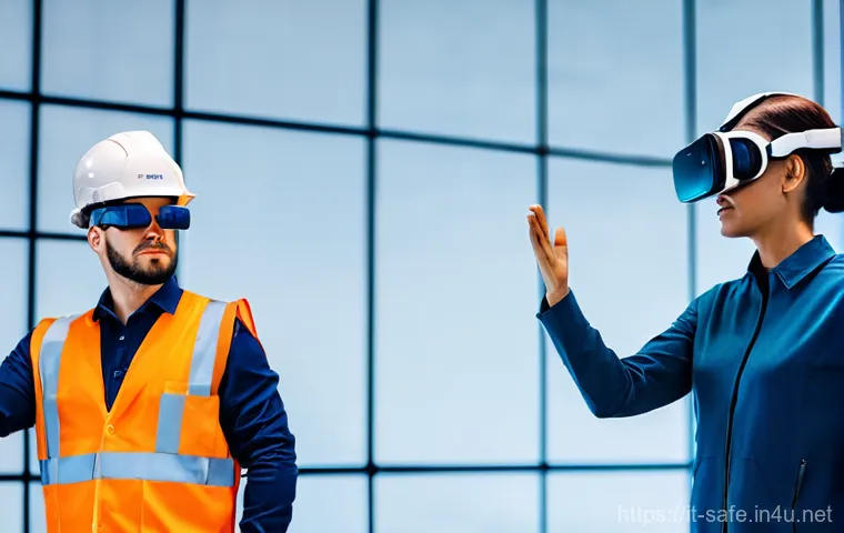 산업안전기사와 작업환경 측정 사례 - **Immersive VR Safety Training for Industrial Workers**
**Prompt:** A diverse group of four ind...