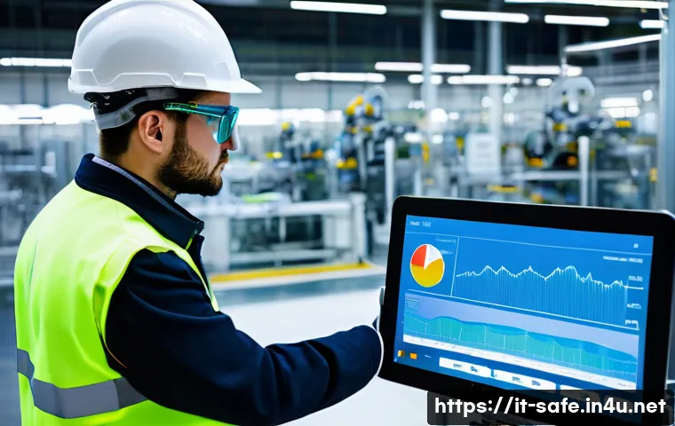 산업안전기사와 실무 중심의 안전 사례 - **Prompt:** A modern Italian factory floor with advanced digital safety integration. Workers, dresse...