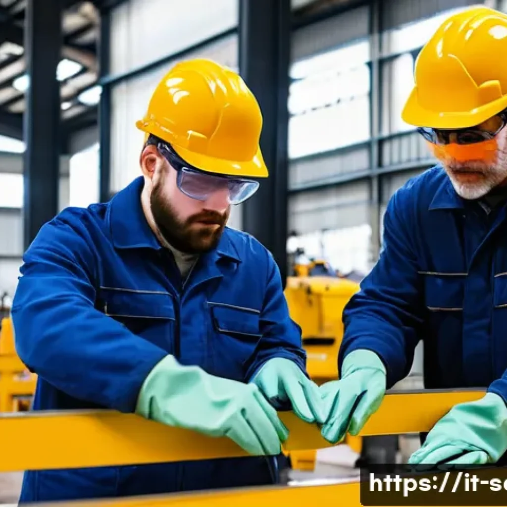 산업안전기사와 근로자 참여 안전 프로그램 - A detailed industrial training scene inside a metalworking factory, showing a diverse group of worke...
