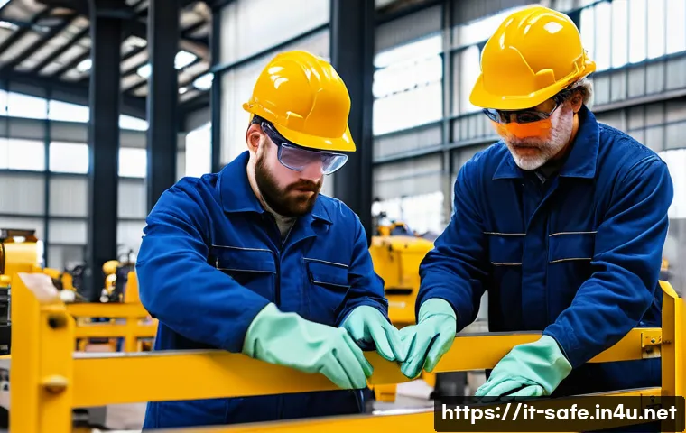 산업안전기사와 근로자 참여 안전 프로그램 - A detailed industrial training scene inside a metalworking factory, showing a diverse group of worke...