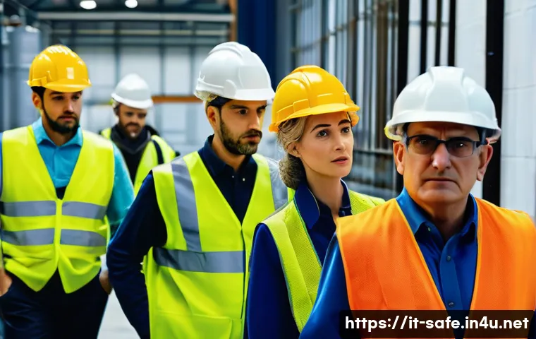 산업안전기사와 비상 대응 시뮬레이션 - A group of Italian workers in a modern industrial facility participating in a realistic emergency ev...