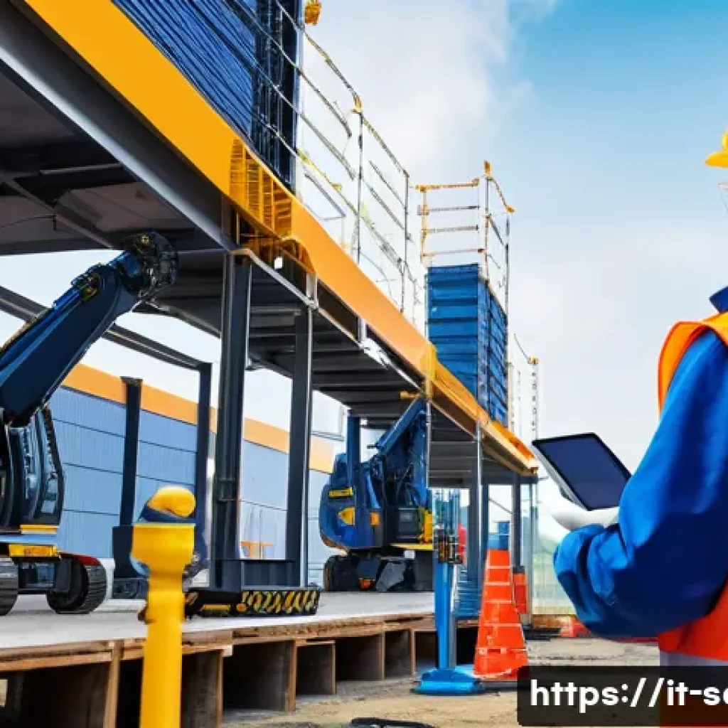 산업안전기사와 업무 환경 개선 사례 - A modern industrial construction site featuring workers wearing smart helmets equipped with glowing ...