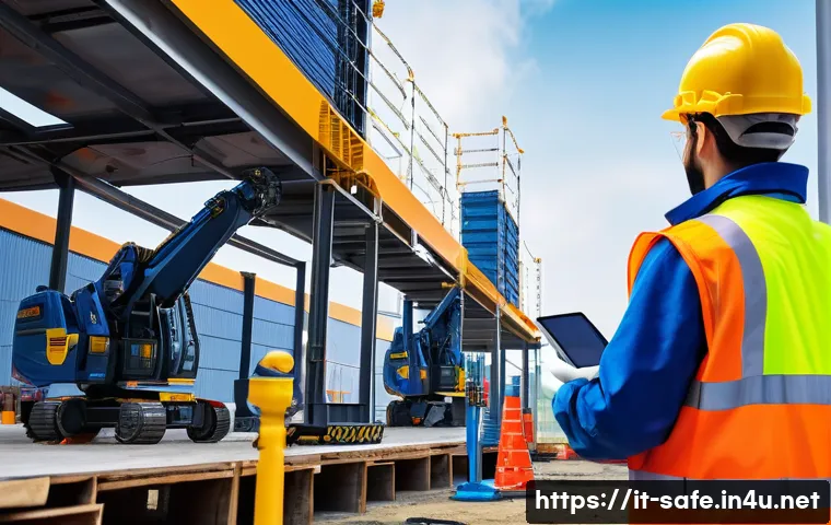 산업안전기사와 업무 환경 개선 사례 - A modern industrial construction site featuring workers wearing smart helmets equipped with glowing ...