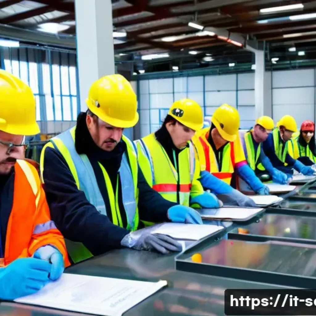 산업안전기사 실기에서 자주 나오는 실수 - A group of diverse safety technicians in a modern Italian industrial workplace, wearing appropriate ...