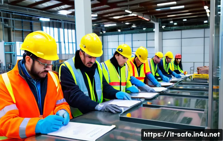산업안전기사 실기에서 자주 나오는 실수 - A group of diverse safety technicians in a modern Italian industrial workplace, wearing appropriate ...