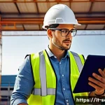 산업안전분야에서의 프리랜서 성공 사례 - A professional freelance safety consultant in an Italian construction site office, wearing business ...