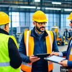 산업안전관리자의 하루 일과 - A professional industrial safety manager conducting a morning briefing with a diverse team of superv...