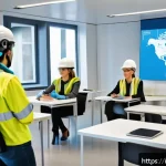 산업안전분야에서의 직업적 성장 사례 - A modern Italian workplace scene showing diverse employees actively engaged in a safety training ses...