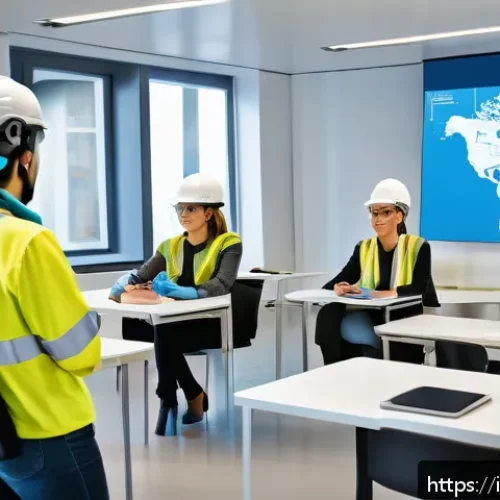 산업안전분야에서의 직업적 성장 사례 - A modern Italian workplace scene showing diverse employees actively engaged in a safety training ses...