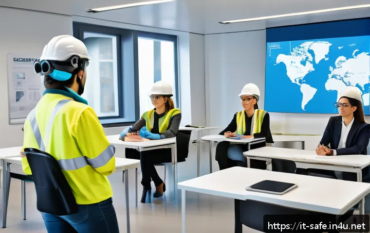 산업안전분야에서의 직업적 성장 사례 - A modern Italian workplace scene showing diverse employees actively engaged in a safety training ses...