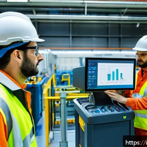 산업안전분야 최신 기술 트렌드 - A modern industrial factory floor in Italy featuring workers wearing safety gear and smart wearable ...
