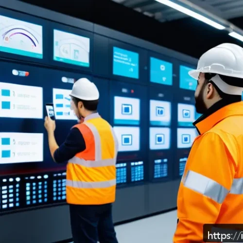 산업안전분야의 최신 연구 및 논문 분석 - A futuristic industrial factory interior featuring advanced IoT-enabled smart sensors mounted on mac...