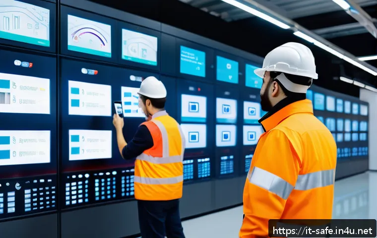 산업안전분야의 최신 연구 및 논문 분석 - A futuristic industrial factory interior featuring advanced IoT-enabled smart sensors mounted on mac...