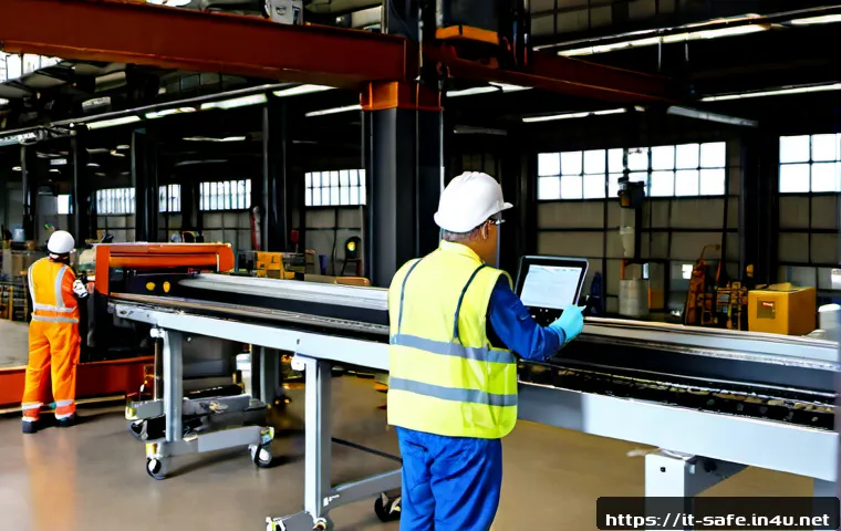 Home 17 산업안전기사와 산업 내 사고 동향 - Photorealistic Italian industrial safety inspection inside a modern manufacturing plant, middle-aged...