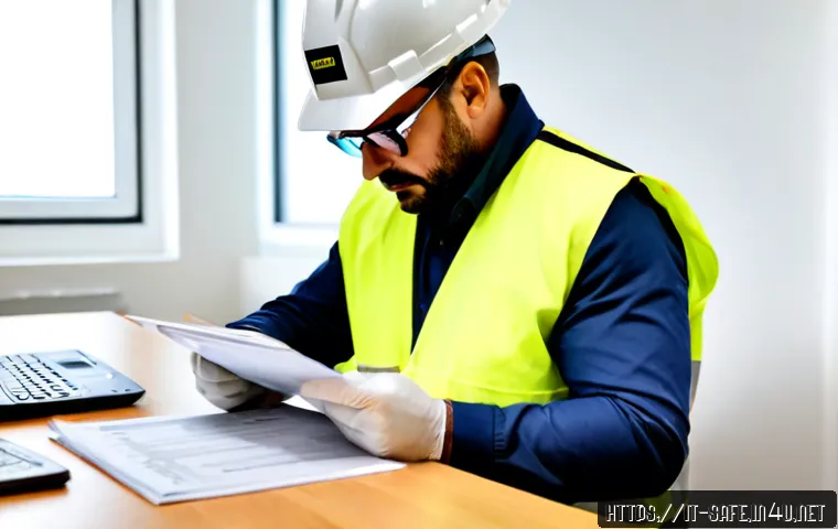 산업안전기사 시험과 관련된 자주 묻는 질문 - Photorealistic Italian workplace safety certification study scene, middle-aged Italian worker in cle...