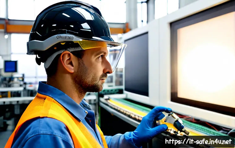 산업안전분야의 최신 안전 장비 트렌드 - Photorealistic modern Italian manufacturing facility, a confident industrial technician wearing a sm...